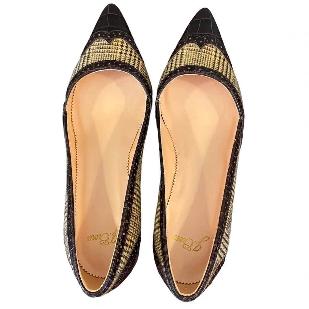 J. CREW Heels Leather Pointed Toe Crocodile Brown Plaid Women Size 8 NWOT